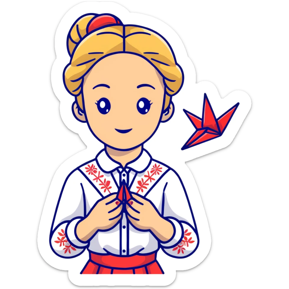 Ukrainian young girl with blonde braided hair wearing a white traditional embroidered shirt (vyshyvanka) holding a red origami paper crane in her hands sticker