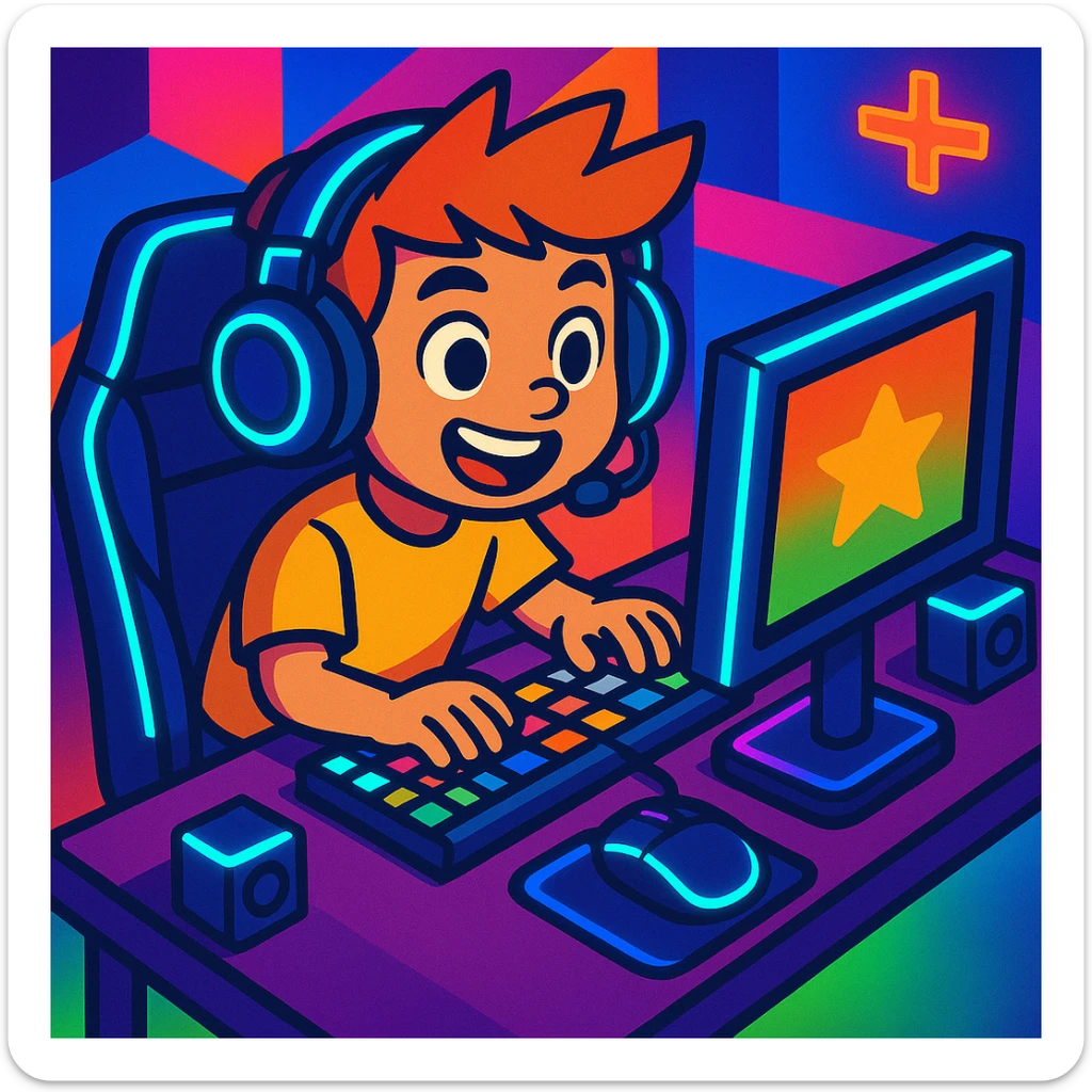 Add headphones and LED lights to the young boy with a gaming setup in a colorful and energetic style. sticker