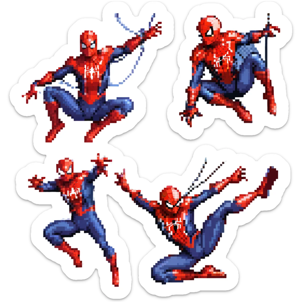 pixel art scene of three Spider-Mans fighting together inspired by 'No Way Home', Spider-Man 1 Tobey Maguire in red-blue suit web-shooter pose, Spider-Man 2 Andrew Garfield in red-blue suit agile pose, Spider-Man 3 Tom Holland in red-black suit swinging, all in dynamic action using webs sticker