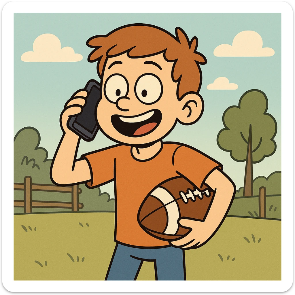 a boy calling a friend to play football, cheerful, outdoor scene, cartoon style sticker