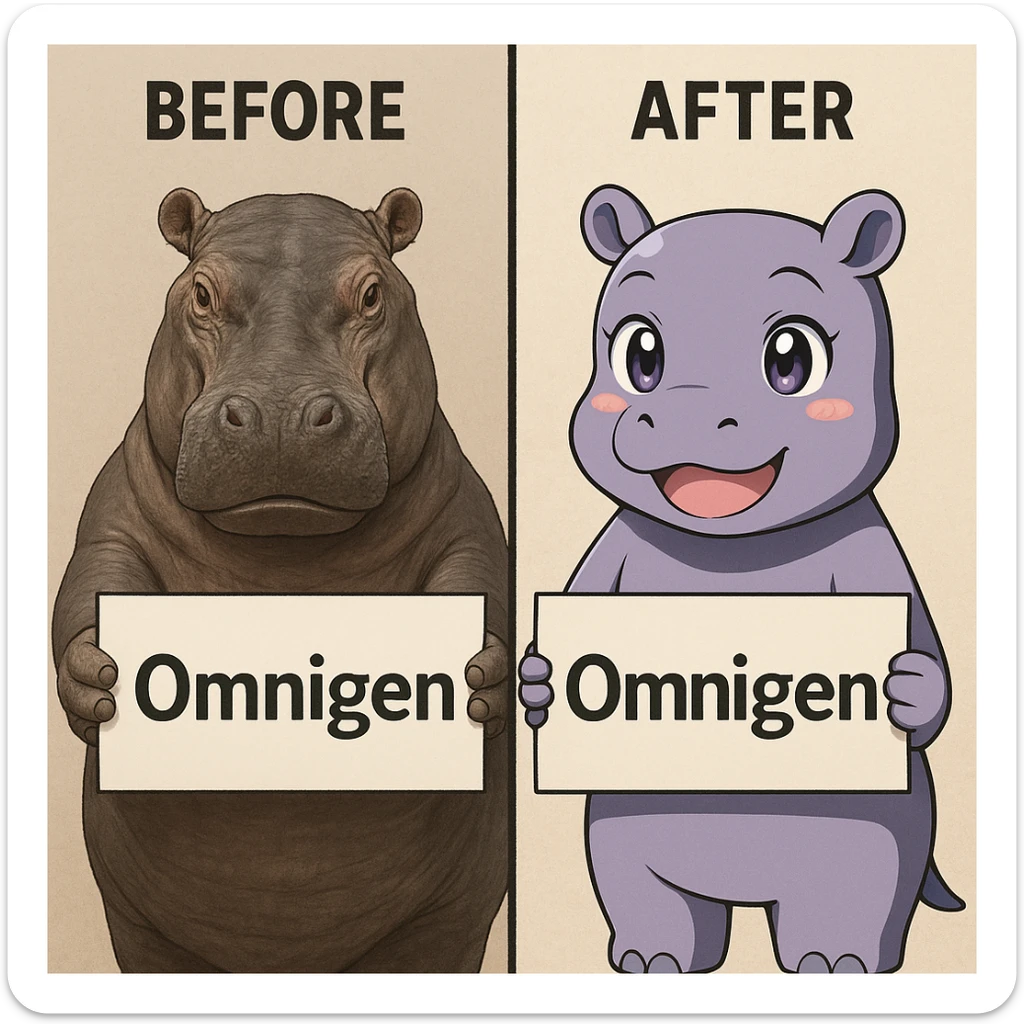 two hippo holding sign of omnigen, half picture 1 hippo is realistic another half is the anime of that same second hippo, with before after mark sticker