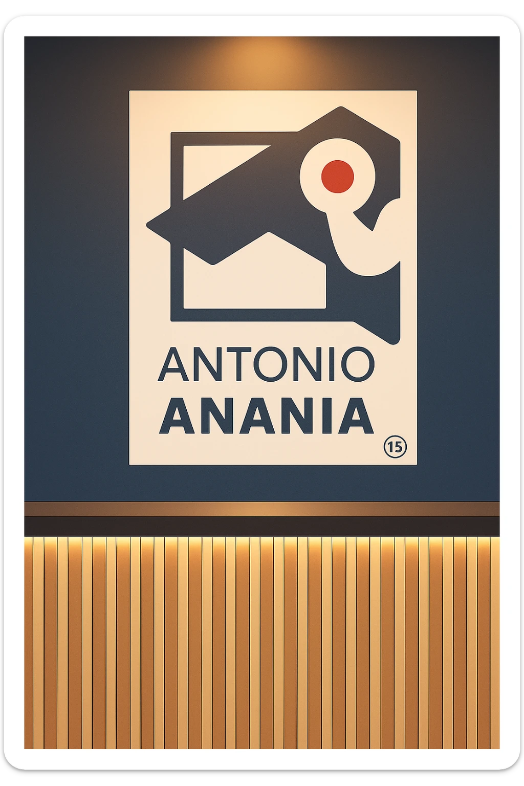 su questo stile fai un manga/webtoon a colori in cui mostri quella parete dietro dello studio con il suo logo e la scritta "ANTONIO ANANIA" SOTTO IL LOGO, LUCE CHE ILLUMINA IL LOGO sticker