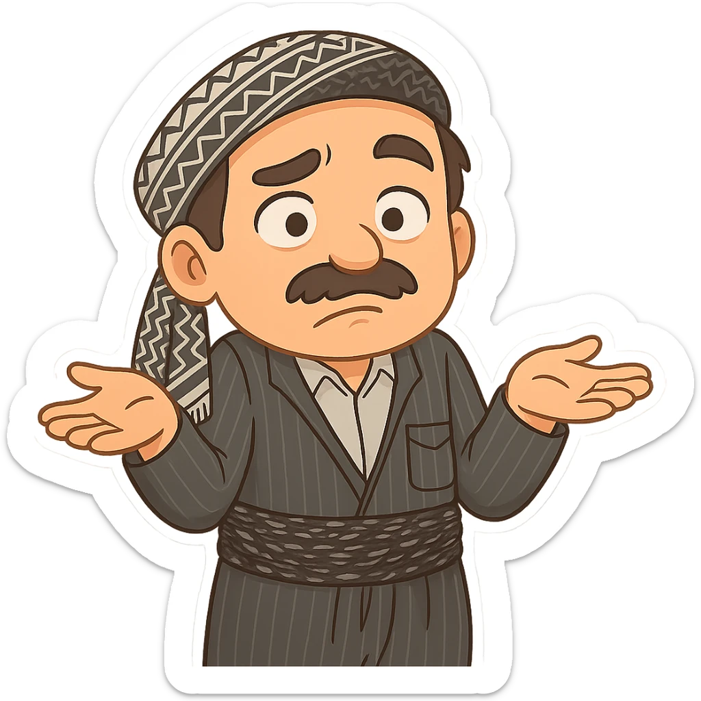 Create a colorful and cheerful cartoon sticker of a Kurdish man wearing the exact same clothes and scarf as the reference images, with no changes to the outfit or scarf. The face should have an indifferent or unsure expression with raised eyebrows and a closed or crooked mouth. Both hands are open with palms facing up, shoulders raised, and the body slightly hunched, exactly matching the pose in the reference images. The image should have no shadows or color halos around it, no text, and a completely transparent background. Suitable for WhatsApp and Instagram. sticker