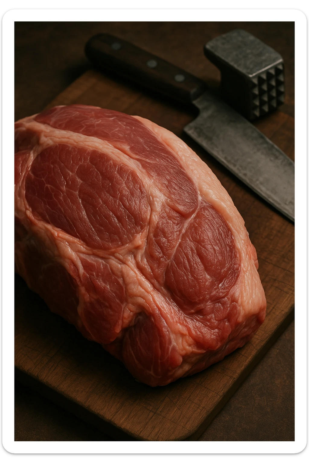 Macro fotografia di carne di maiale cruda, con dettagli che ricordano la consistenza e il colore della carne umana, posata su un tagliere di legno accanto a strumenti da cucina. Atmosfera realistica e leggermente inquietante. sticker