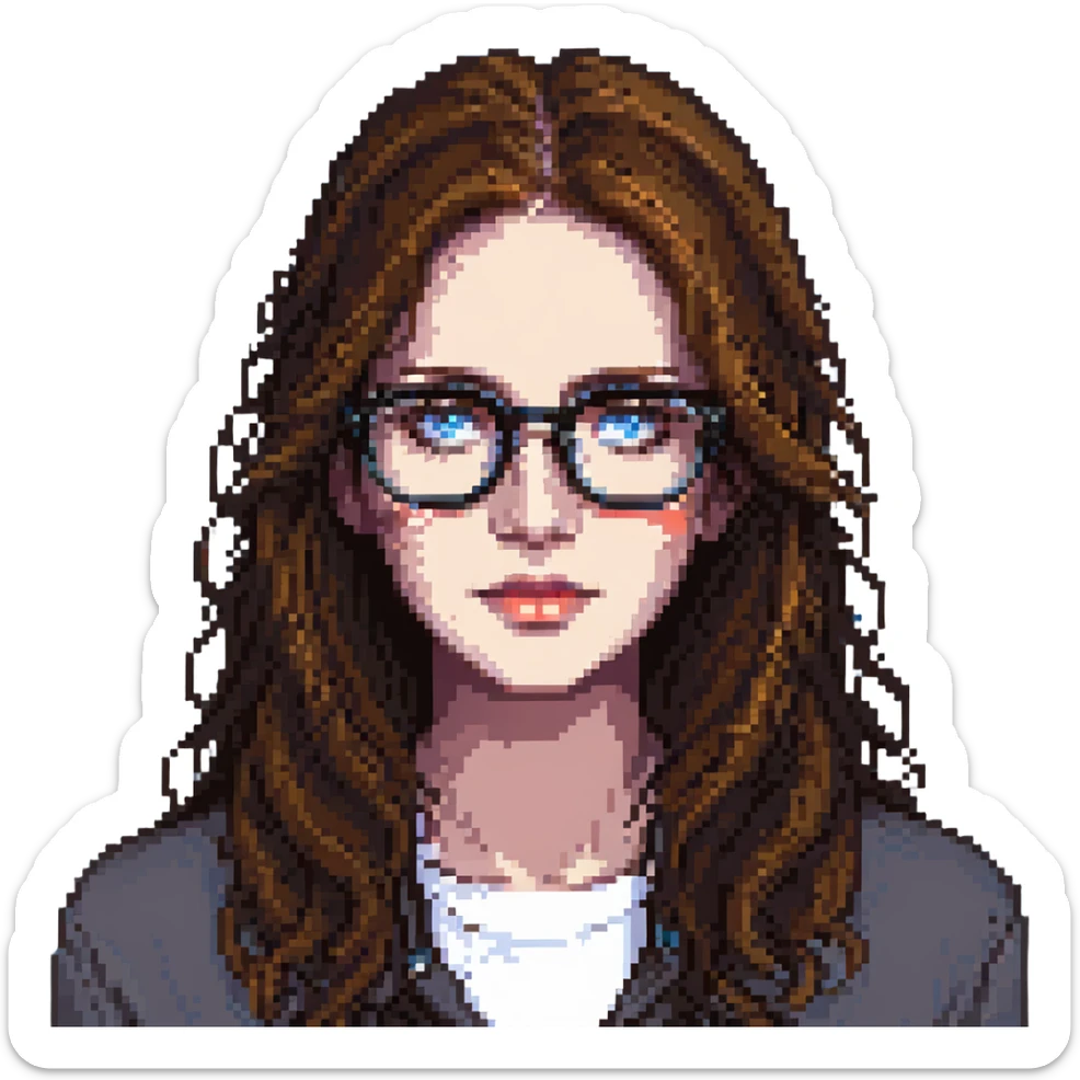cute woman with glasses, long brown hair, blue eyes sticker