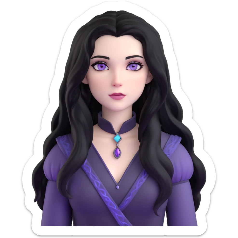 Yennefer from Witcher with long black hair, violet eyes, pale skin, wearing black clothes sticker
