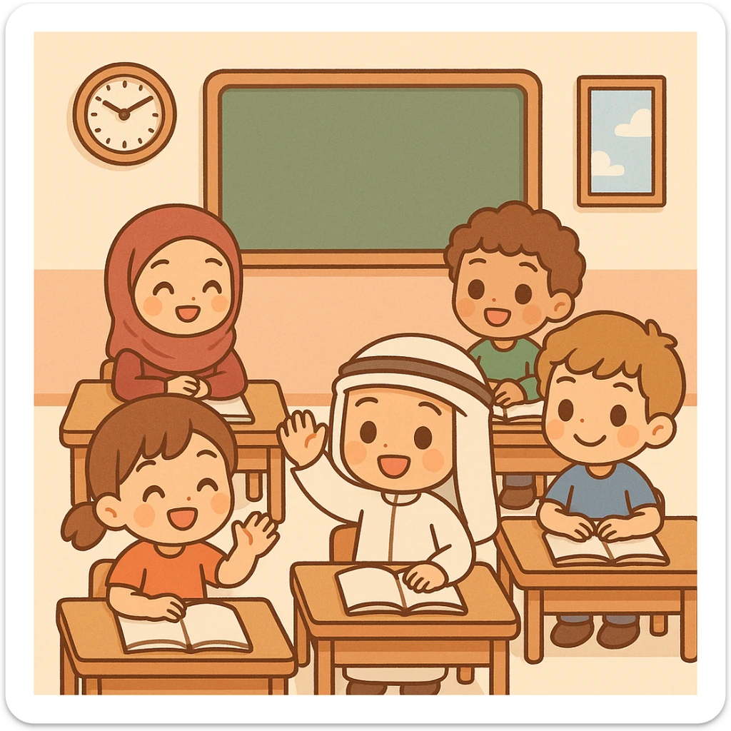 cartoon classroom scene with several children, mix of traditional Arab clothing and casual outfits, chibi style, cheerful atmosphere sticker
