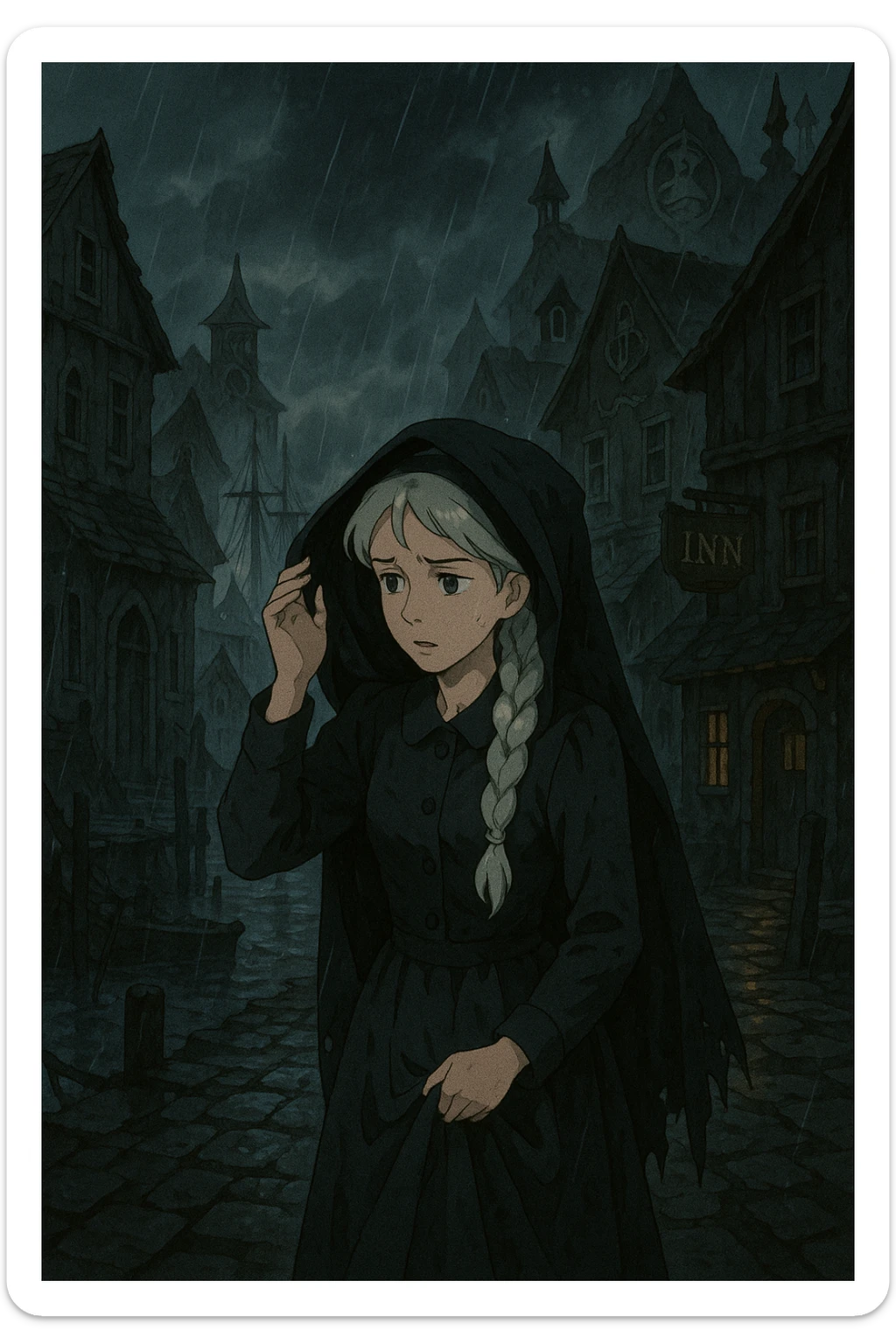 A dark port town, poverty, abandoned stormy, horror novel, innsmouth, cult of Dagon, there is 1 female with a long white braid and traditional 1930's dress clothes, dark dress, shielding herself from the rain sticker