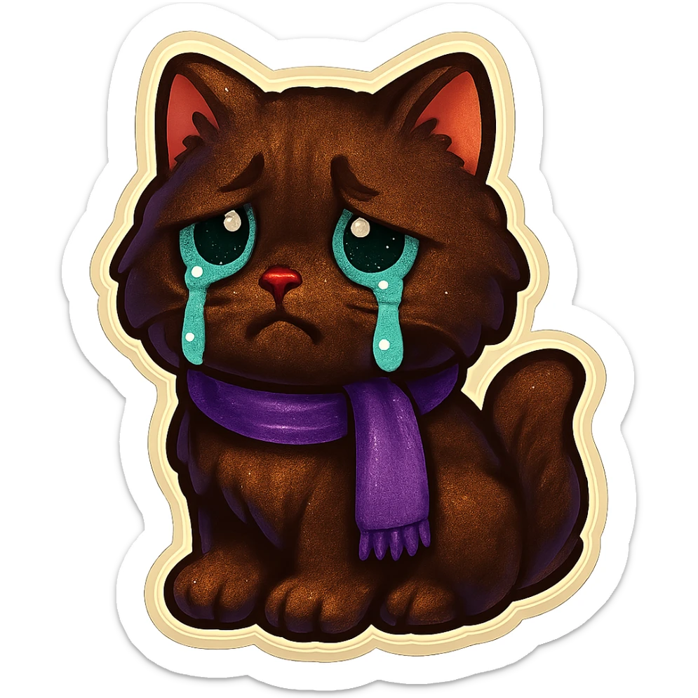Fluffy sad crying cute dark-brown cat with green eyes and a purple scarf  sticker