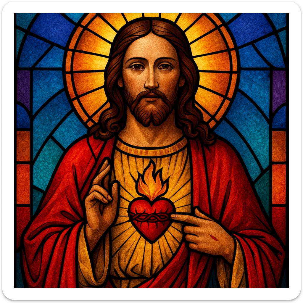 Jesus in a stained glass effect, vibrant colors, heart motif sticker
