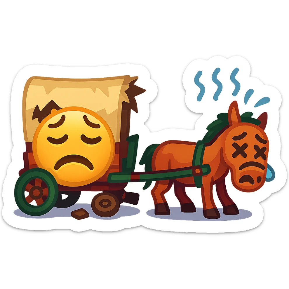 Make the horse cart look broken and add funny, exaggerated emoji expressions to the horse and cart. Keep the style consistent. The style is emoji style. Keep the background transparent. sticker