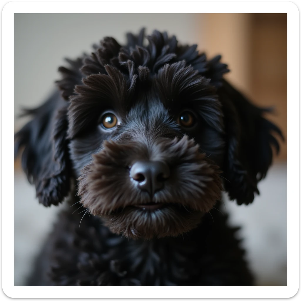 close-up portrait of a photorealistic black doodle dog with curly fur, accurate details, soft blurred background sticker
