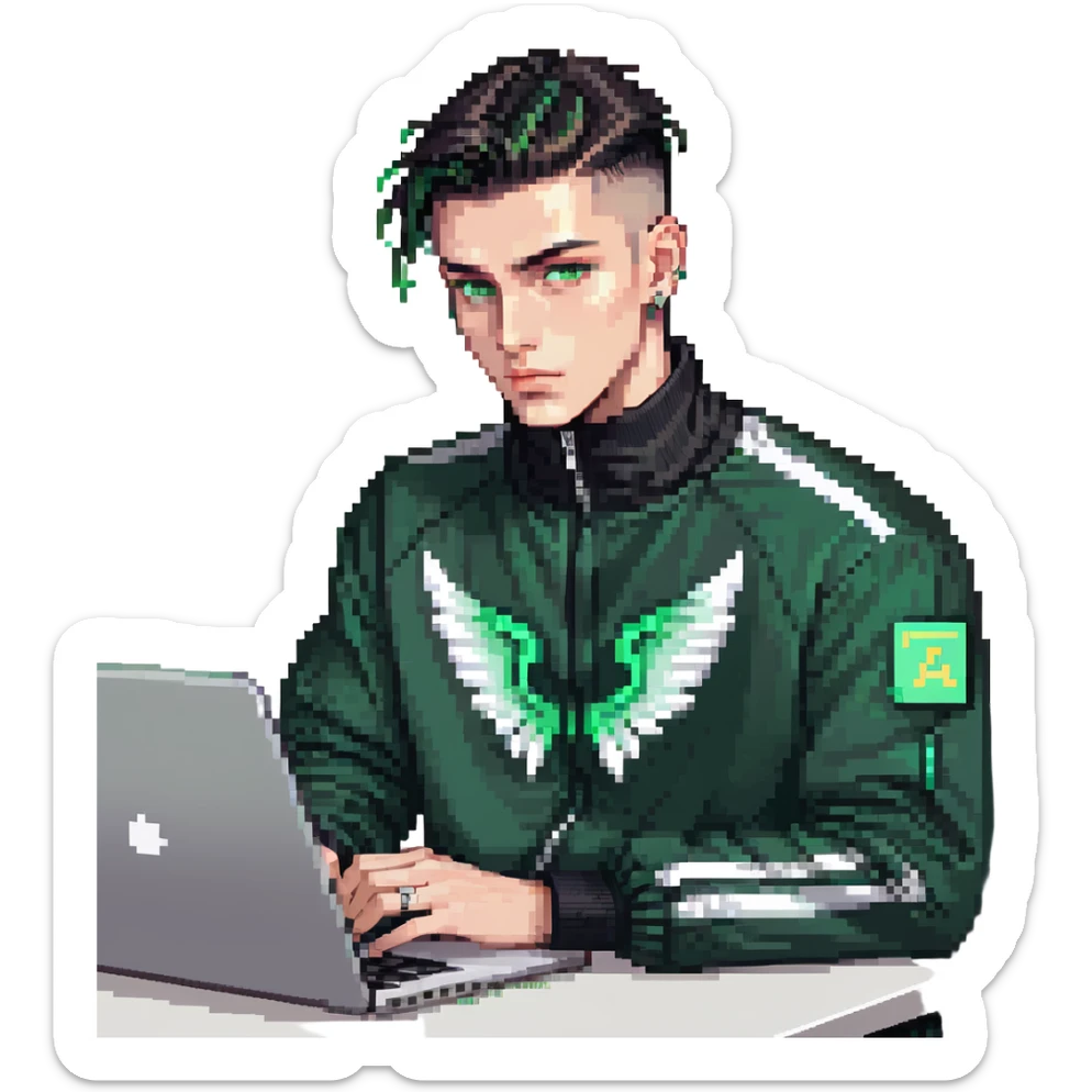 male with dark hair, wearing a black palm angels tracksuit, high fade haircut, slick back hairstyle, green eyes, green aura, coding on black laptop sticker