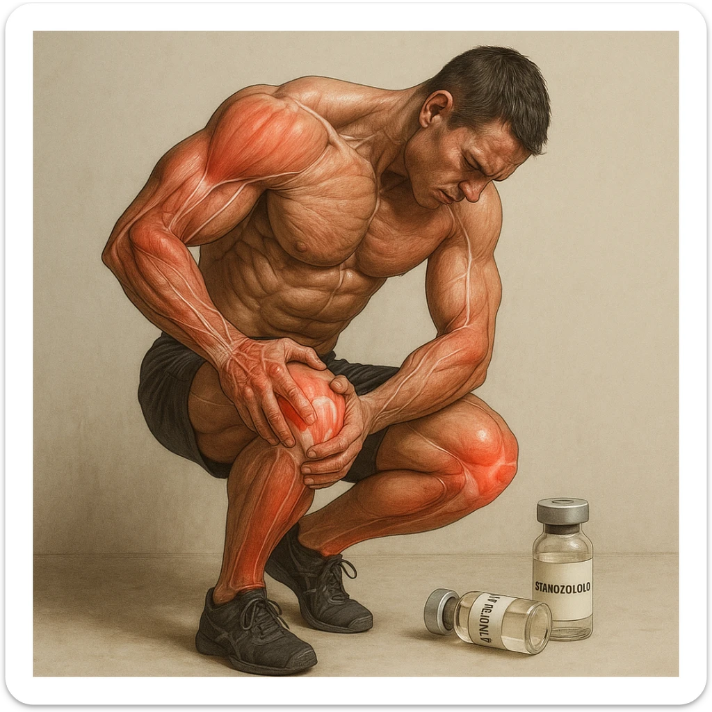 realistic and anatomical crossfit athlete showing joint pain throughout the body; detailed muscles and joints; vials labeled 'Stanozololo' nearby; natural lighting; neutral background sticker