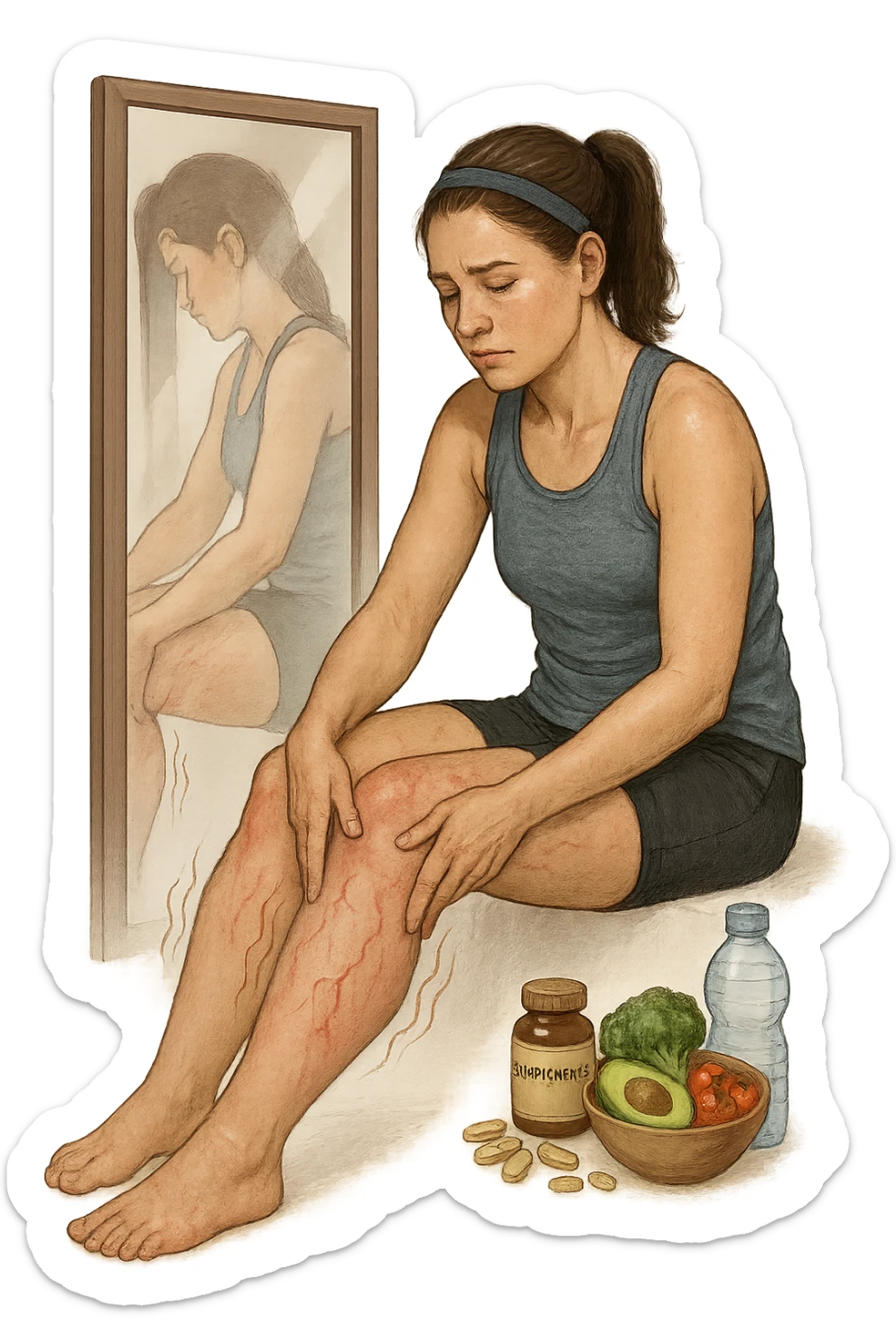 Donna tra i 25 e i 35 anni in abbigliamento sportivo, seduta o in piedi davanti allo specchio, mentre massaggia con forza le sue gambe gonfie, con espressione determinata ma affaticata. Intorno alle gambe si vedono simboli visivi di gonfiore e ritenzione (gambe leggermente arrossate, vene visibili, contorni delle gambe evidenziati da linee simboliche). Sullo sfondo: integratori naturali, alimenti sani e una bottiglia d’acqua, come strumenti di supporto. Atmosfera di lotta personale, luce neutra ma con accenti di speranza. Stile realistico e educativo sticker
