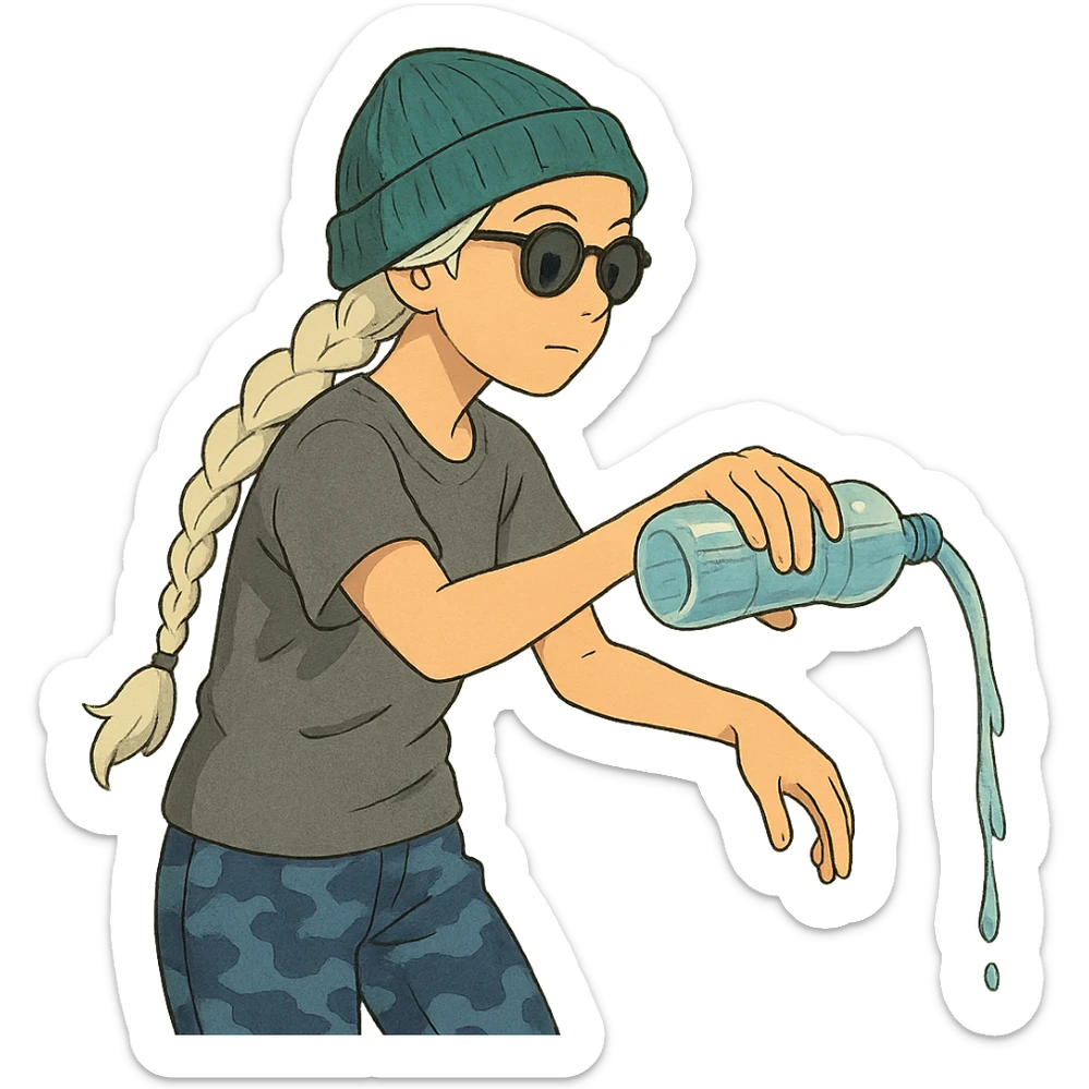 1 female, long white braid, knit cap, dark sunglasses, GRAY T-SHIRT, blue camo pants, POURING OUT A WATER BOTTLE sticker