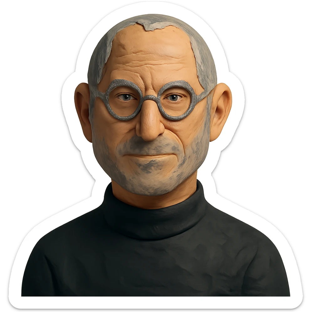 claymation style portrait of Steve Jobs, turtleneck, glasses, no background sticker