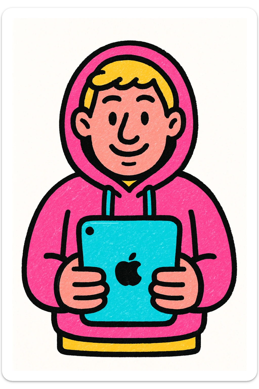 a man in a hoodie, holding an iPad, vibrant digital art, pop colors style sticker