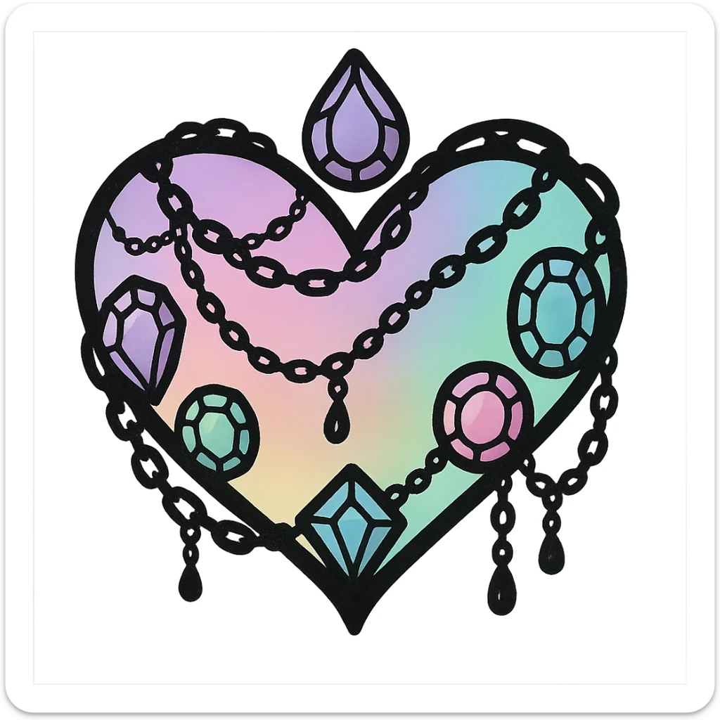 pastel goth heart with pastel gems and black chains, pastel rainbow and black, whimsical gothic style sticker