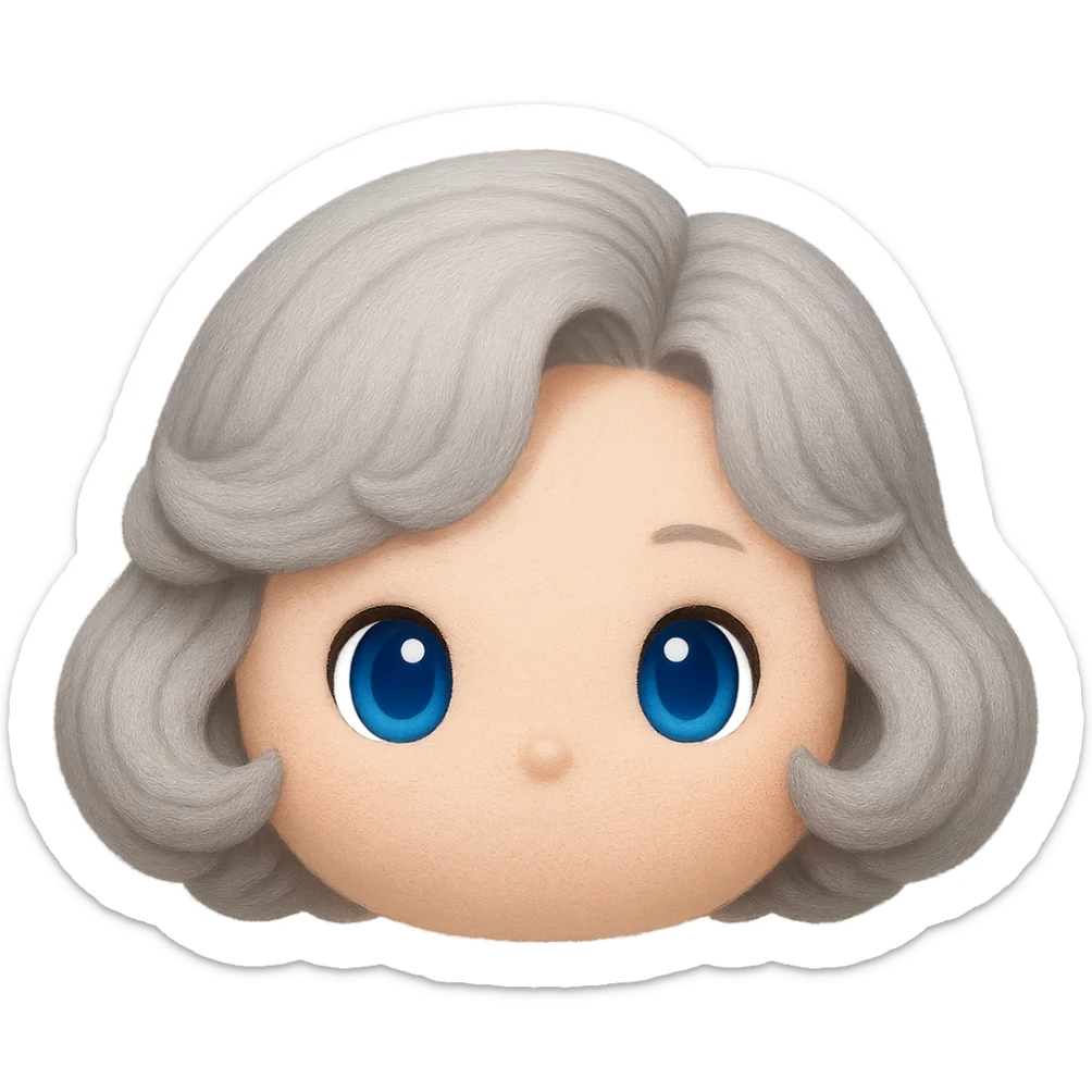 Change hair to pure silver grey with no blue or yellow cast, plush tsum tsum style, blue eyes, 1940s bob haircut, no body, no mouth, no white border, transparent background. sticker