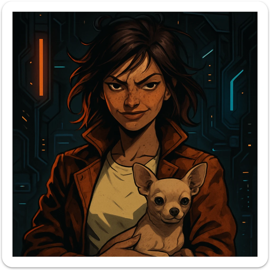 Portrait of a woman with tanned skin and subtle freckles, wearing a shirt in color #FFF8CA and a rust-colored jacket. She has medium-length brown hair with auburn highlights, a rebellious and playful expression. Futuristic style illustration featuring her holding a beige-brown chihuahua. The background is dark with high-tech elements, metallic colors, and neon lights. sticker