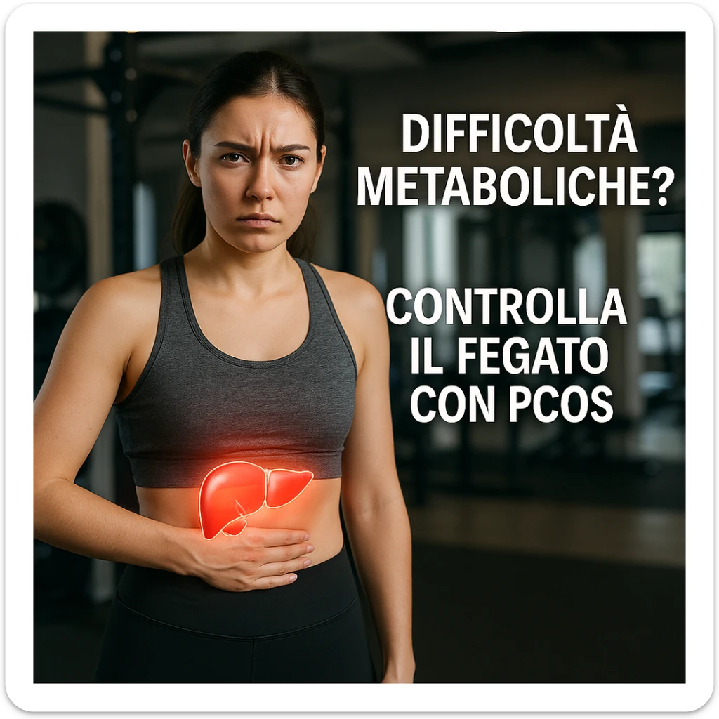 woman in sportswear, hand on liver area, serious expression, liver area highlighted with red light, Italian text: 'Difficoltà metaboliche? Controlla il fegato con PCOS', gym background, 4K quality sticker