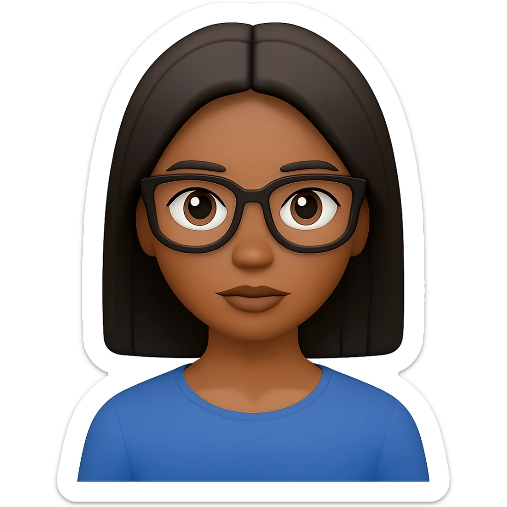 Add glasses to the black woman with straight hair in the emoji style, keeping the background transparent. The original style is emoji, which does not support text editing, so use the general style editor to maintain the emoji look while adding glasses. sticker