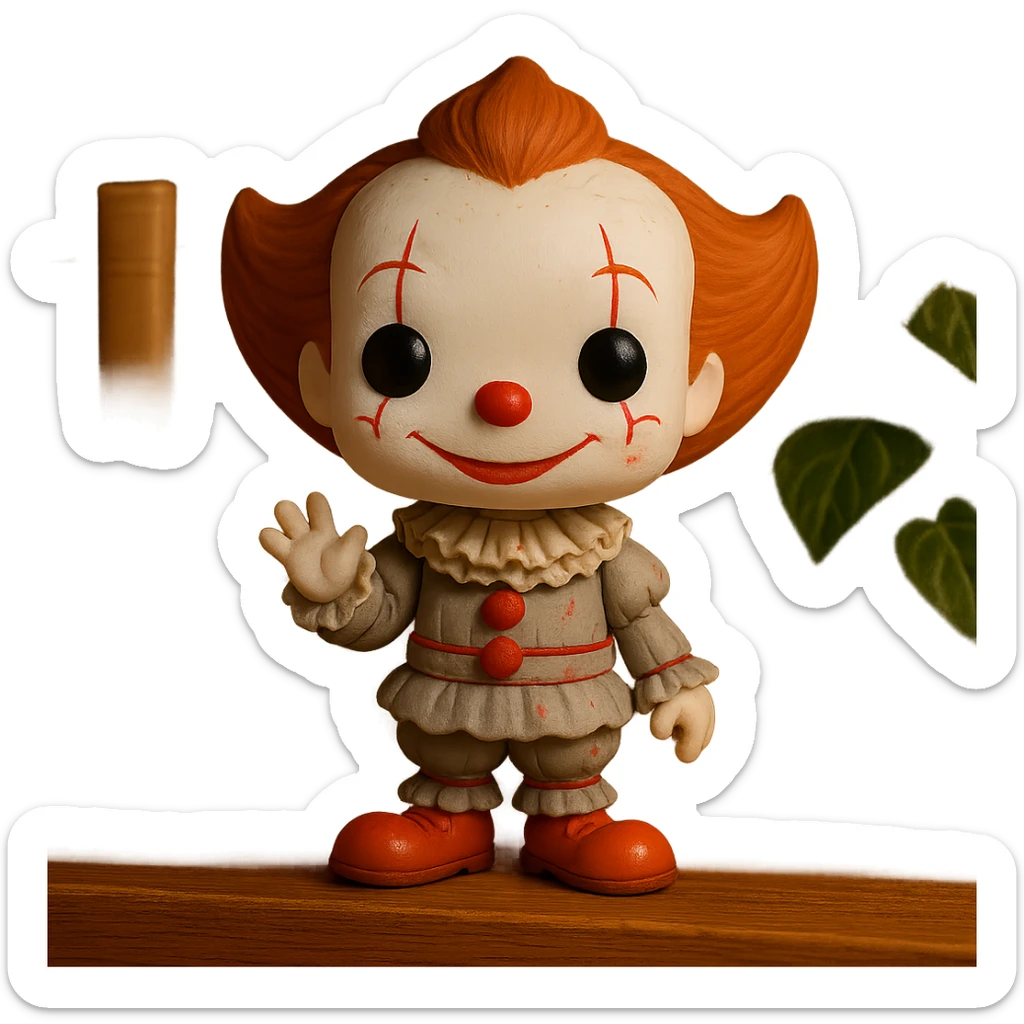 Make this Pennywise clown look like a friendly toy with a toy-like appearance, very minimal blood, cute and playful features, keep the background transparent. sticker