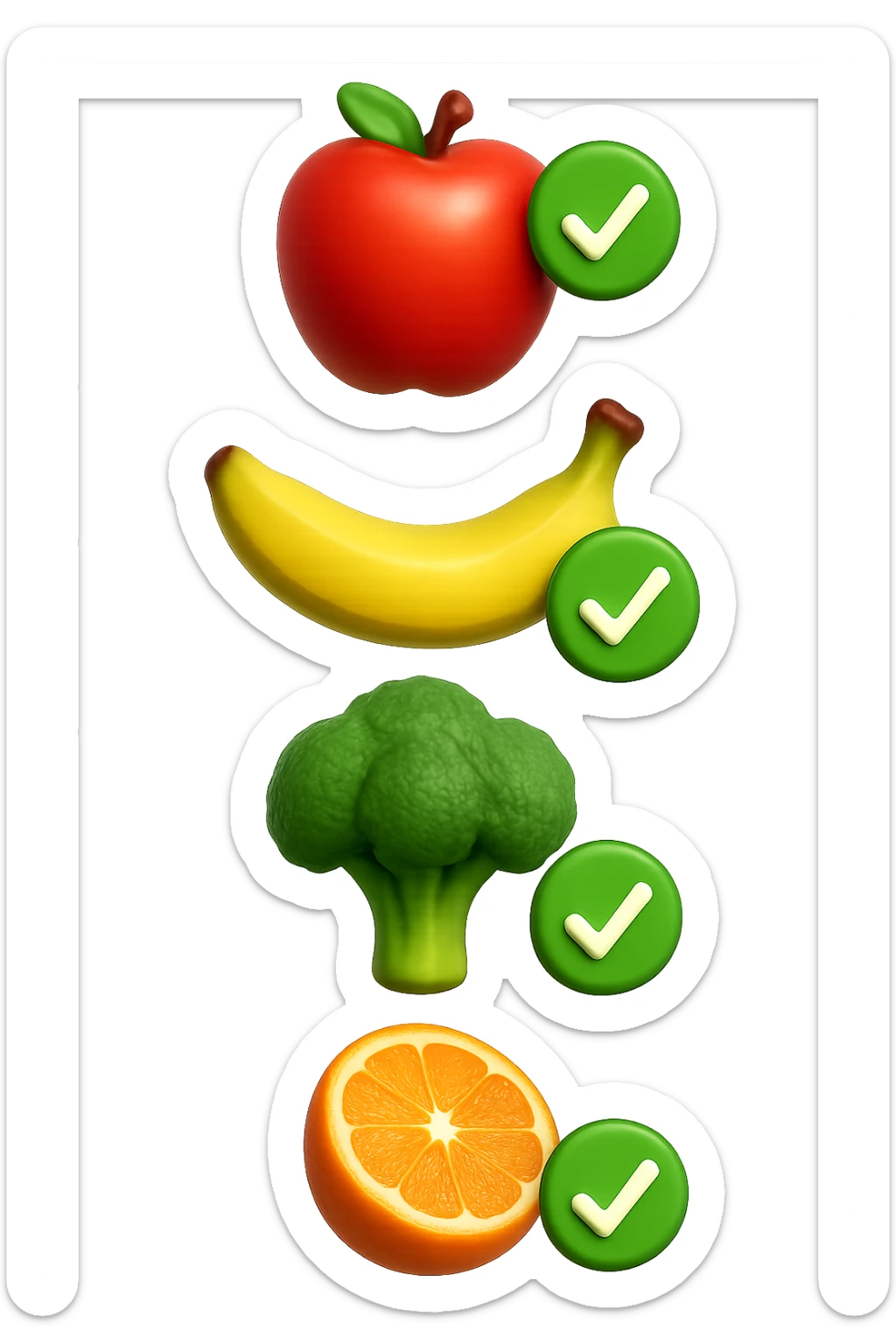 emoji stile iphone in 3d di cibo sano che fluttua in aria vericalmente insieme a spunte verdi di verificato, iperrealistico 4k sticker
