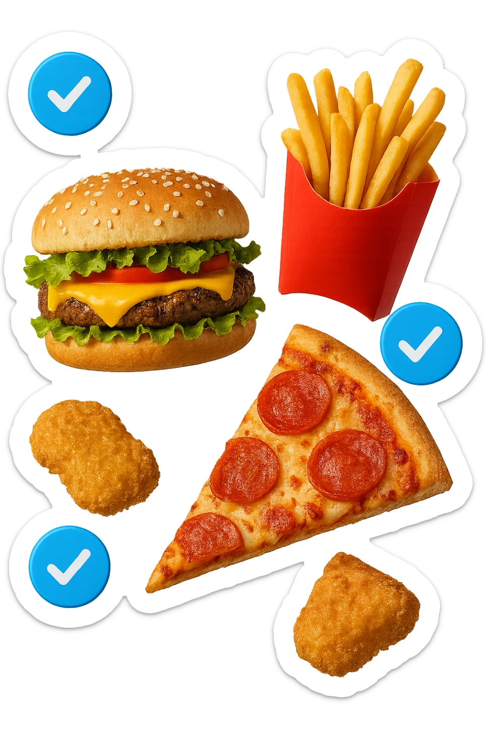 fast food realistico fluttua in aria insieme a spunte di verificato in 3d sticker