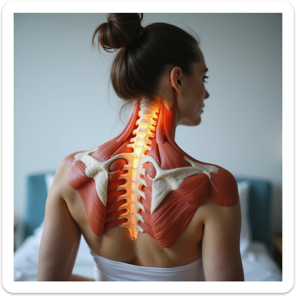 realistic anatomical back view of a woman showing neck and shoulder muscles with evident cervical contractures, clinical environment sticker