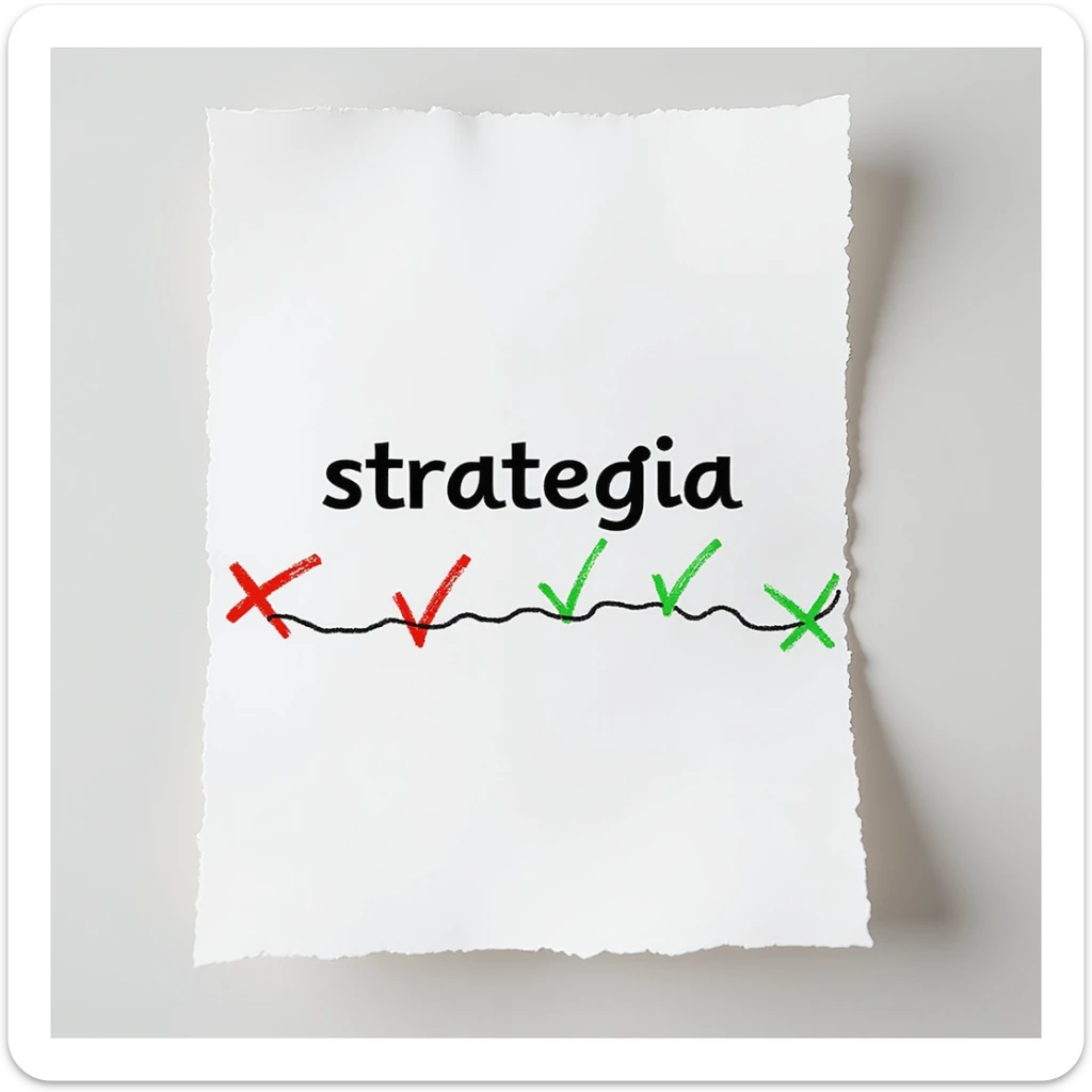 hyperrealistic 4K sheet of paper with the word 'strategia' written on it, a wavy line representing various stages, some marked with red crosses and others with green check marks, photorealistic style sticker