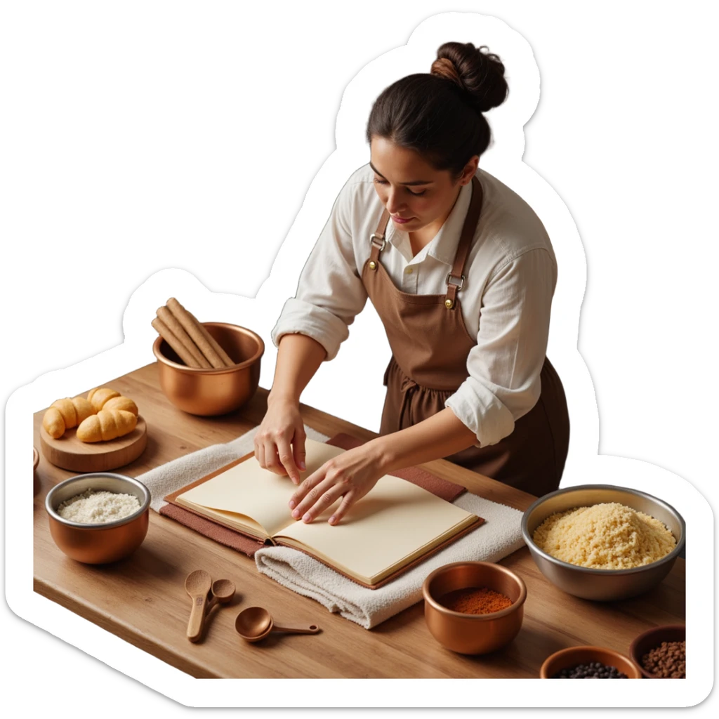 A confident journeyman baker working with copper mixing bowls, enamel measuring cups, and a leather-bound recipe book. The environment features warm lighting, brass utensils, and stitched cloth textures. UI elements resemble embossed leather tabs and metallic buttons. sticker