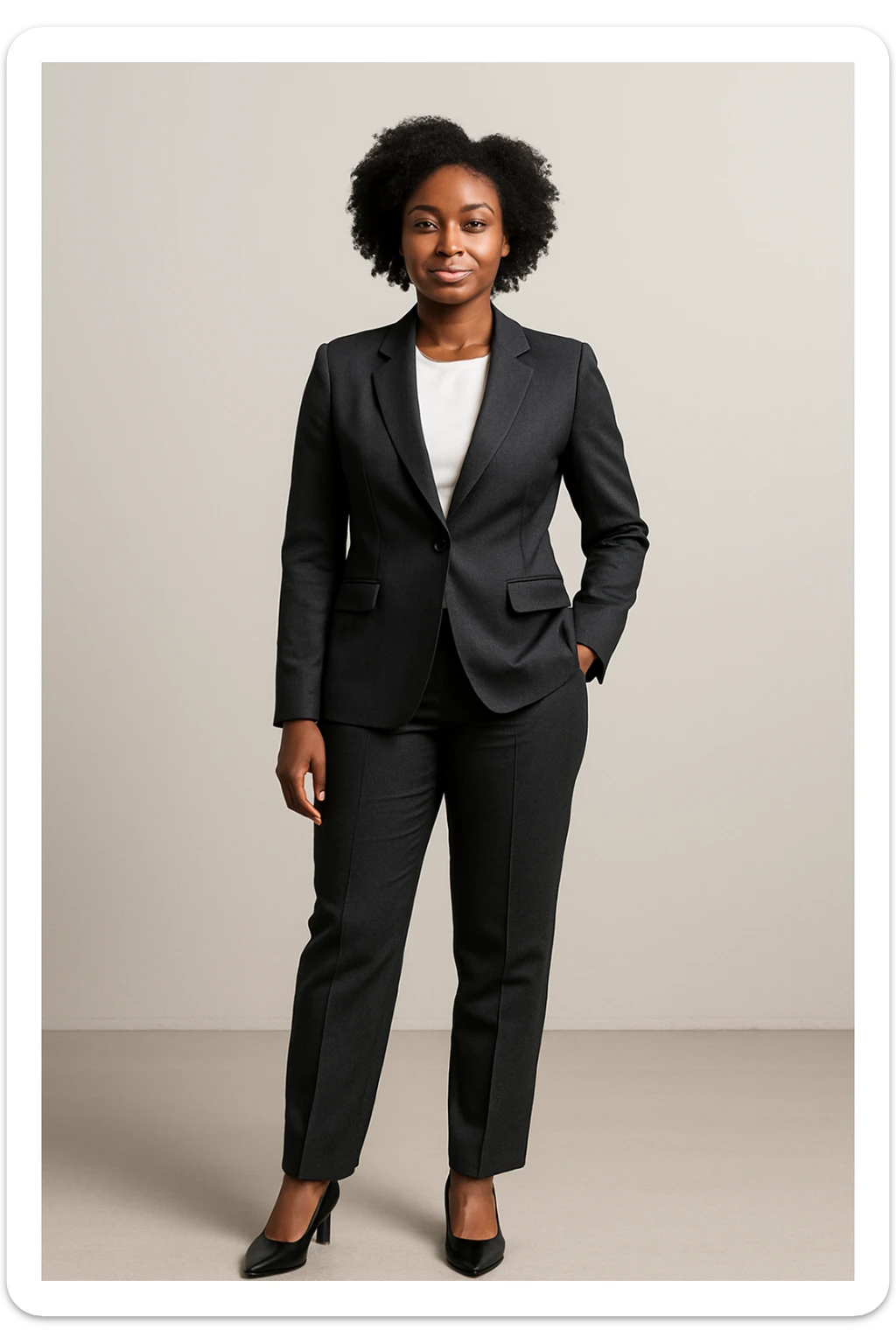 black woman in a smart suit and shoes, standing, modern business attire, minimal background sticker
