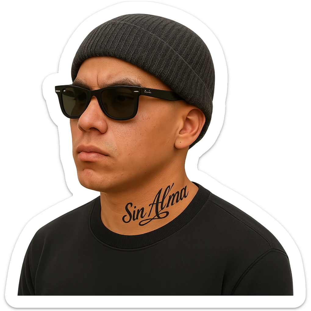 Modify the Latino male to resemble the rapper FlakoSteppn, keeping the beanie, Ray-Bans, black long sleeve shirt, no facial hair, and 'Sin Alma' tattoo on neck, in a realistic style, no background. sticker