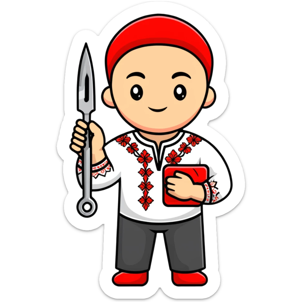 A Ukrainian man wearing traditional white embroidered vyshyvanka shirt holding red scissors in one hand and a spanner/wrench in the other hand sticker