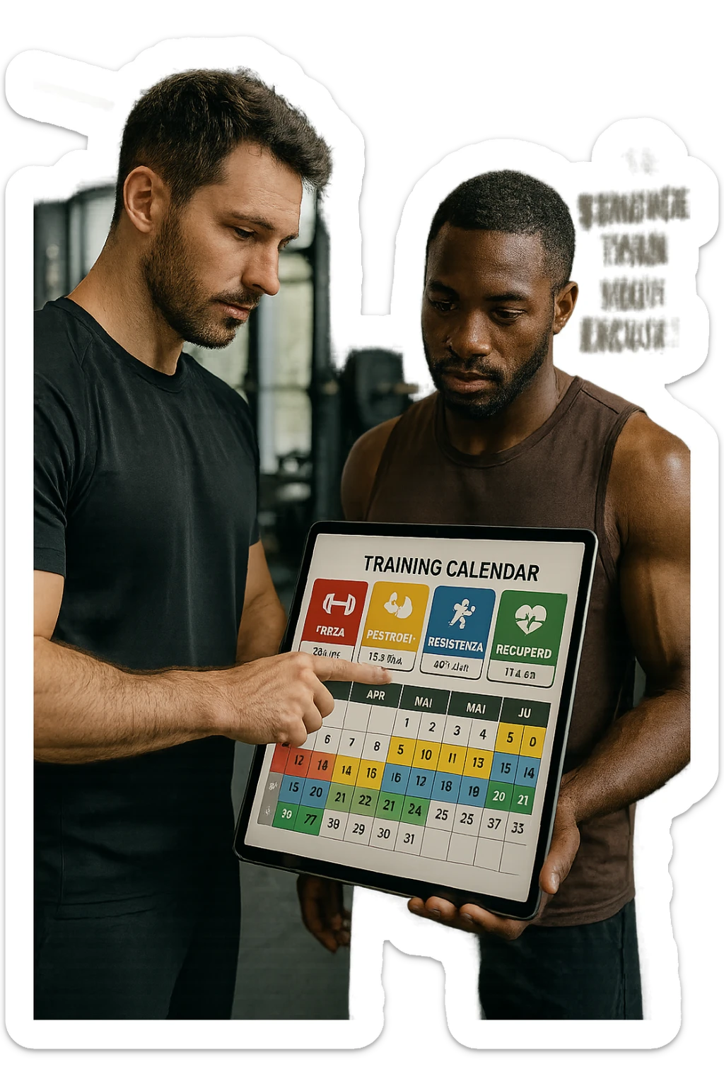 realistic cinematic photo a personal trainer and a client stand in a modern gym, reviewing a large, color-coded training calendar or chart on a tablet. The calendar shows different phases (Forza, Ipertrofia, Resistenza, Recupero) with icons and dates. Around them, gym equipment and motivational posters reinforce the idea of structured, periodized training. in italiano sticker