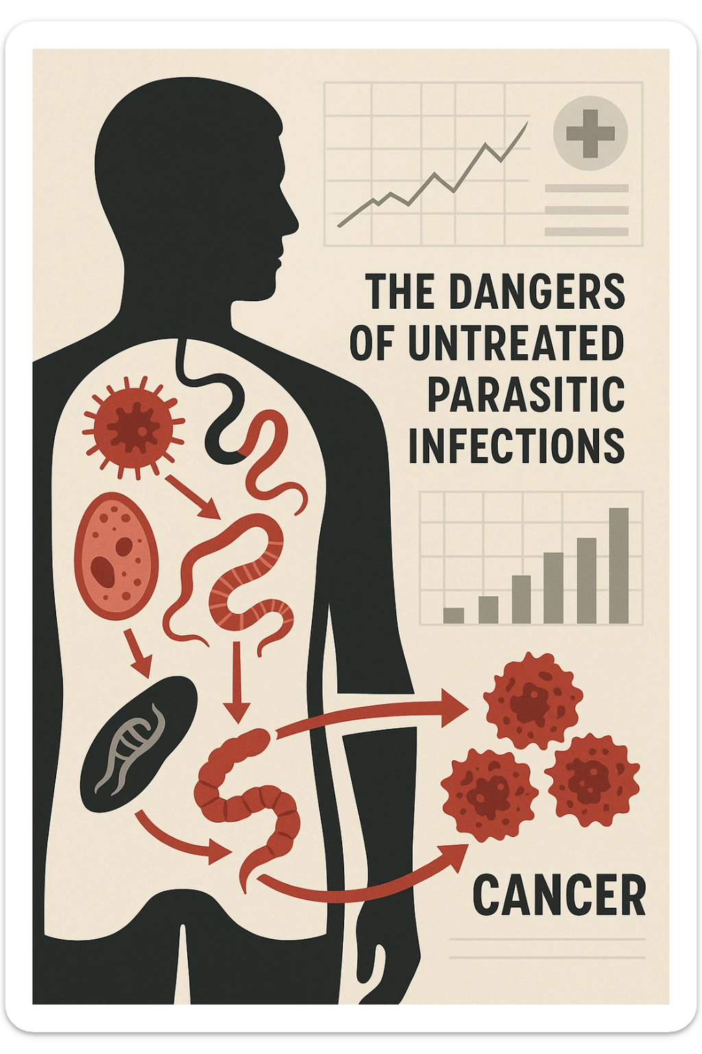 a man’s silhouette is filled with stylized images of parasites and tumor cells, connected by red lines or arrows to show cause and effect. The background features a medical chart or infographic about the dangers of untreated parasitic infections. The overall tone is serious and educational. scritto in italiano sticker