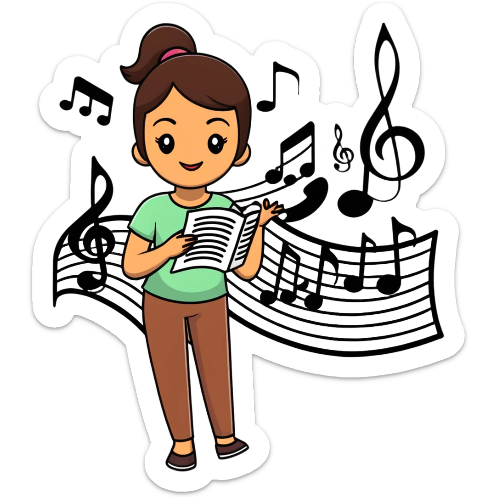 young morena woman with medium-brown skin, long straight dark brown hair, thick eyebrows, almond-shaped dark brown eyes, full lips, gentle smile, surrounded by musical notes, treble clefs, sound waves, dreamy colorful illustration, sticker-like white outline sticker