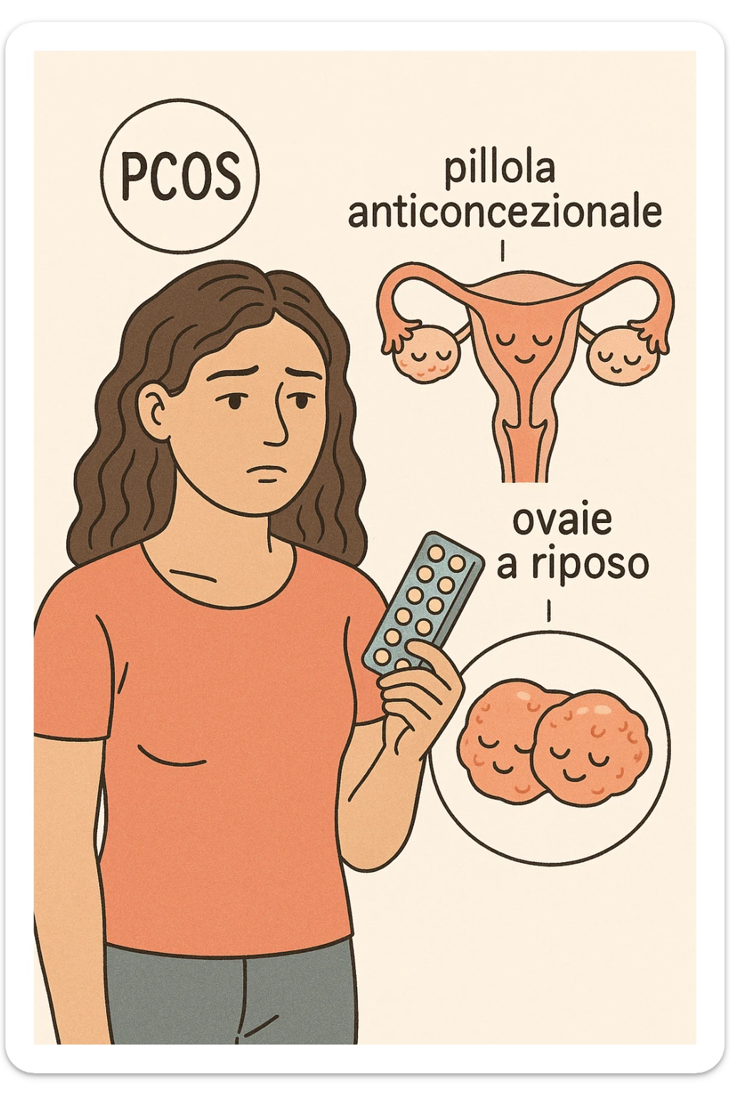 Donna con pcos che prende la pillola, e la pillola mette a riposo le ovaie in italiano sticker