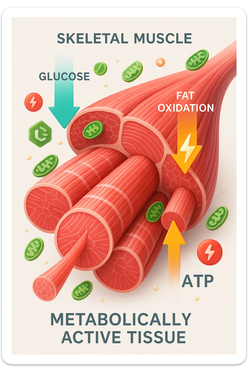 a highly detailed cross-section of human skeletal muscle fibers, shown in vibrant red and pink tones, with visible striations and realistic texture. Glowing arrows and animated icons represent active metabolic processes—such as glucose uptake, fat oxidation, and ATP production—occurring within the muscle tissue. Surrounding the muscle, floating symbols for mitochondria and energy highlight its metabolic activity. The background is clean and clinical, with subtle labels and infographics explaining that muscle is a metabolically active tissue. The overall style is modern, scientific, and visually engaging, suitable for educational or medical use. in italiano sticker