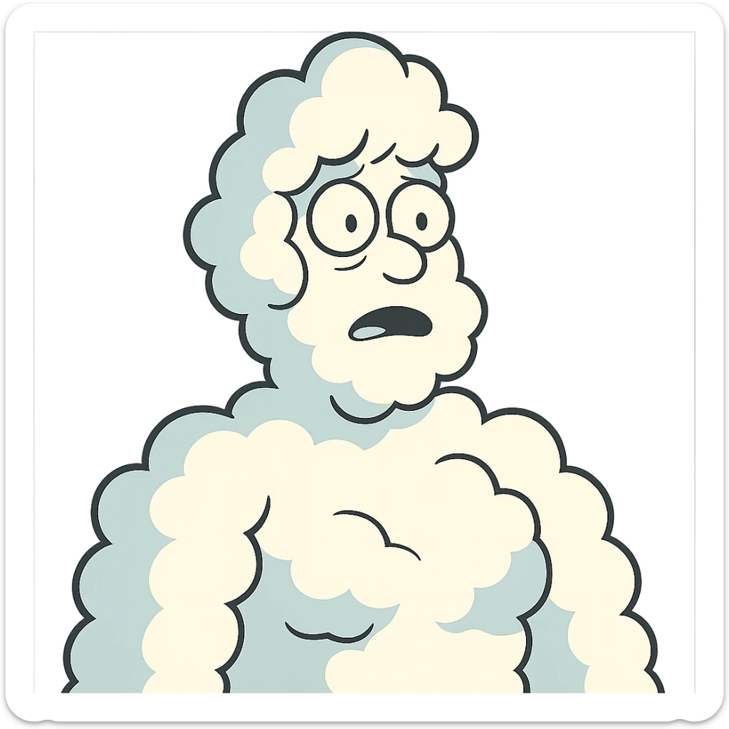 person, upper body up to the shoulders entirely made of voluminous clouds, clouds form the shape of a person, cartoon illustration style sticker