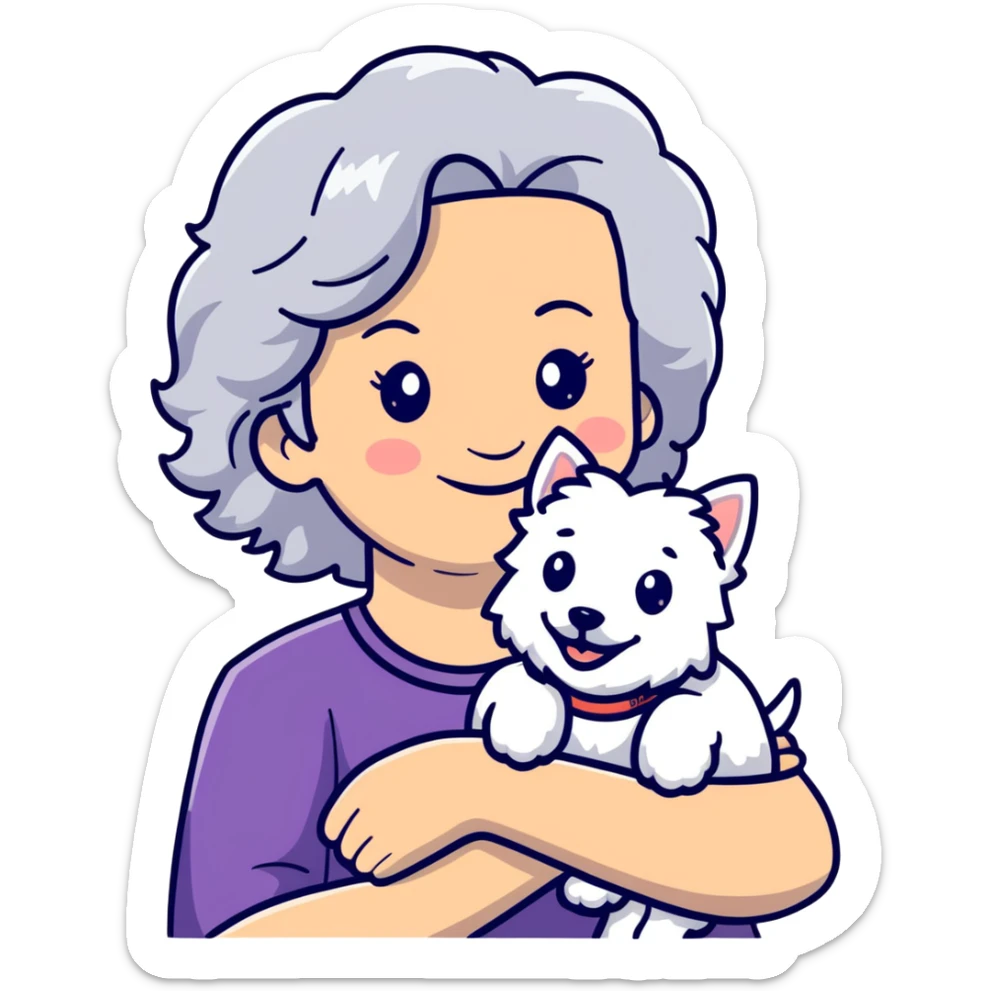 50-year-old woman with silver curly hair, smiling, with a Westie dog, cartoonish sticker sticker