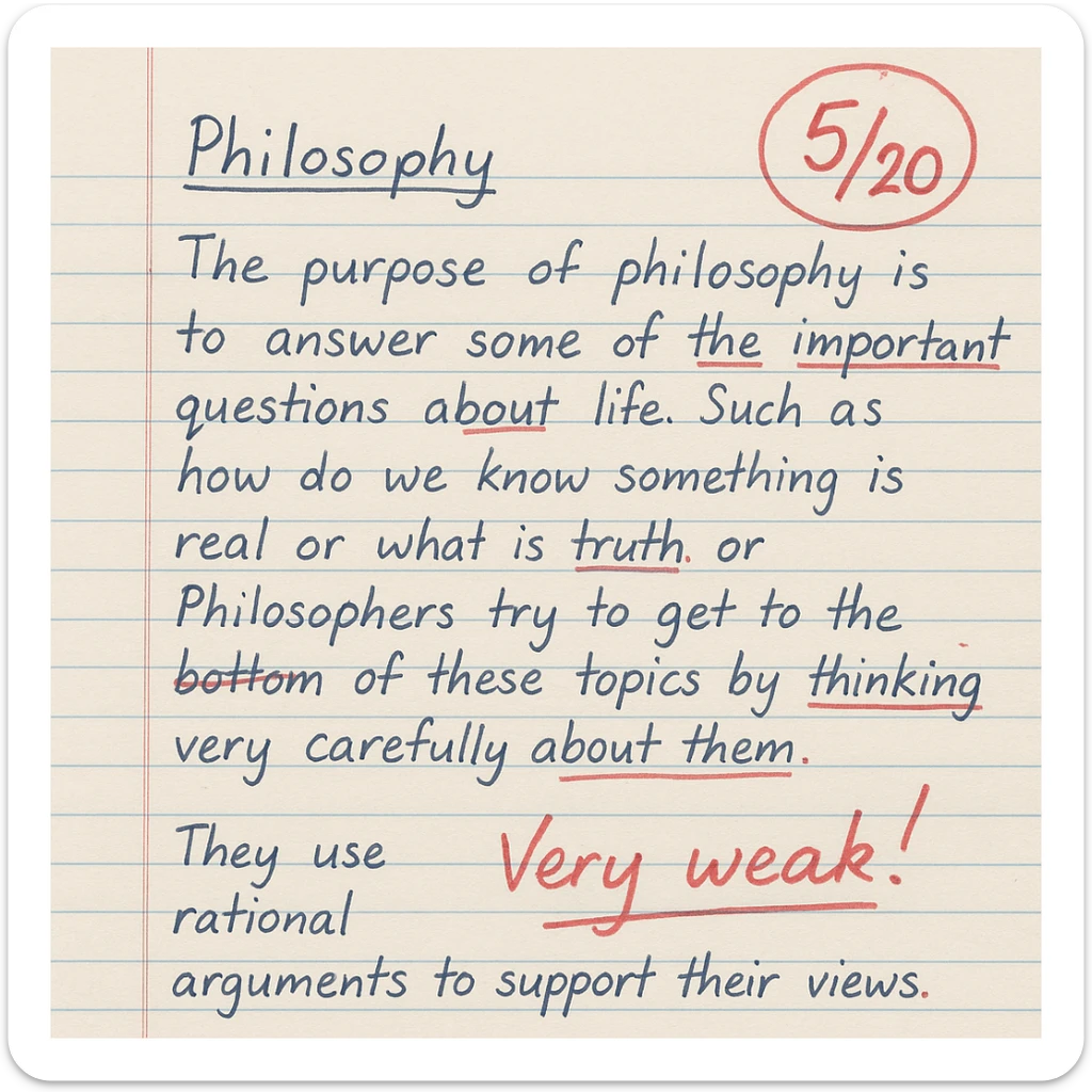 handwritten philosophy paper, high school, lined paper, blue ink, grade 5/20 circled in red, teacher's comment in red, a few red marks and corrections sticker