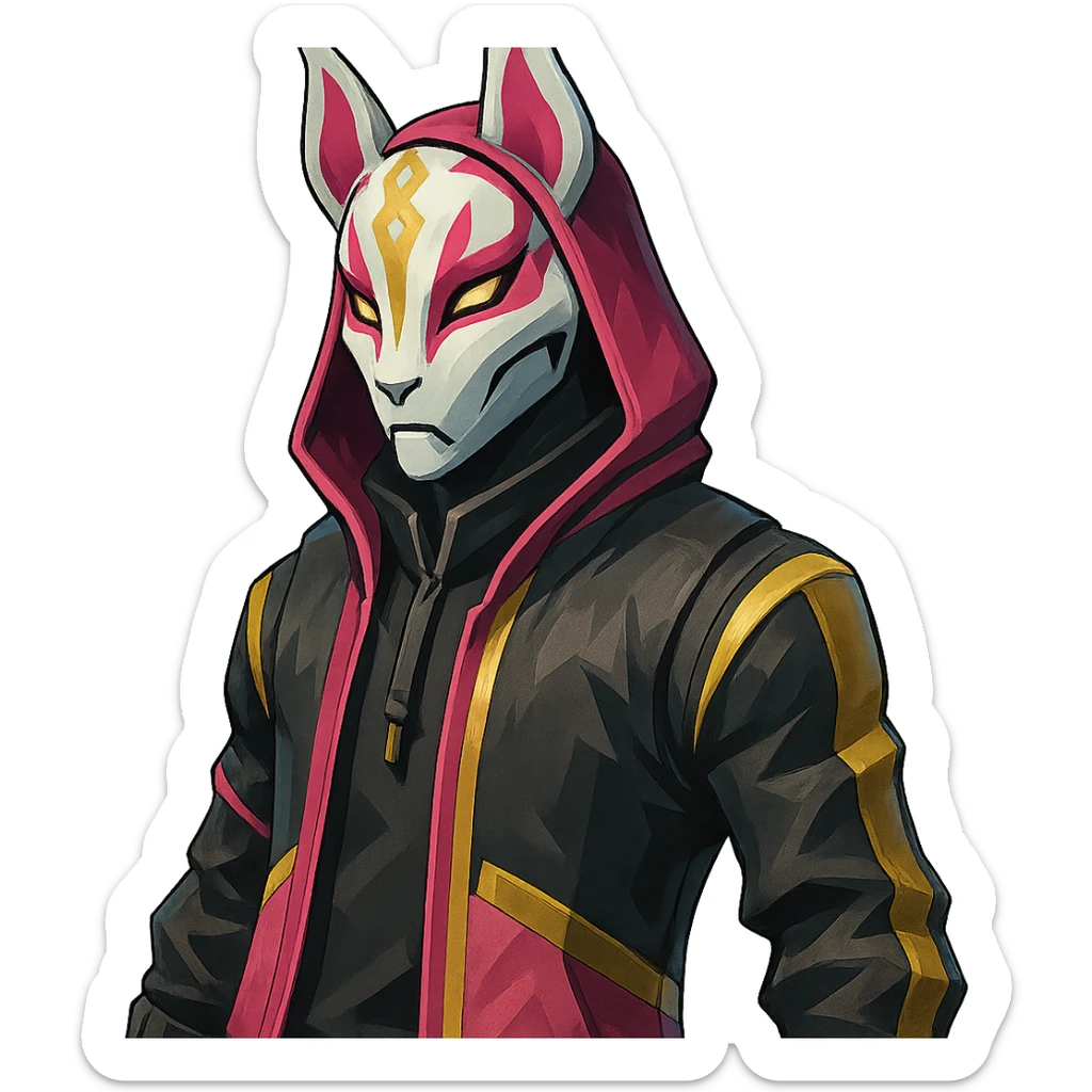 Fortnite Drift skin, masked character with fox mask, pink and gold accents, hoodie, stylized, no text sticker