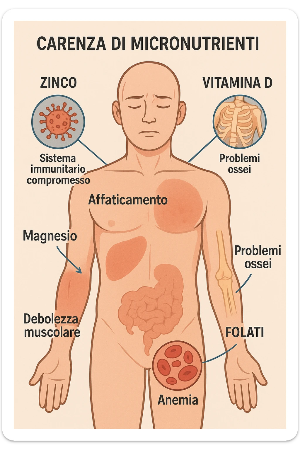 corpo umano in carenza di micronutrienti come zinco, magnesio, vitamina D, folati, in italiano sticker