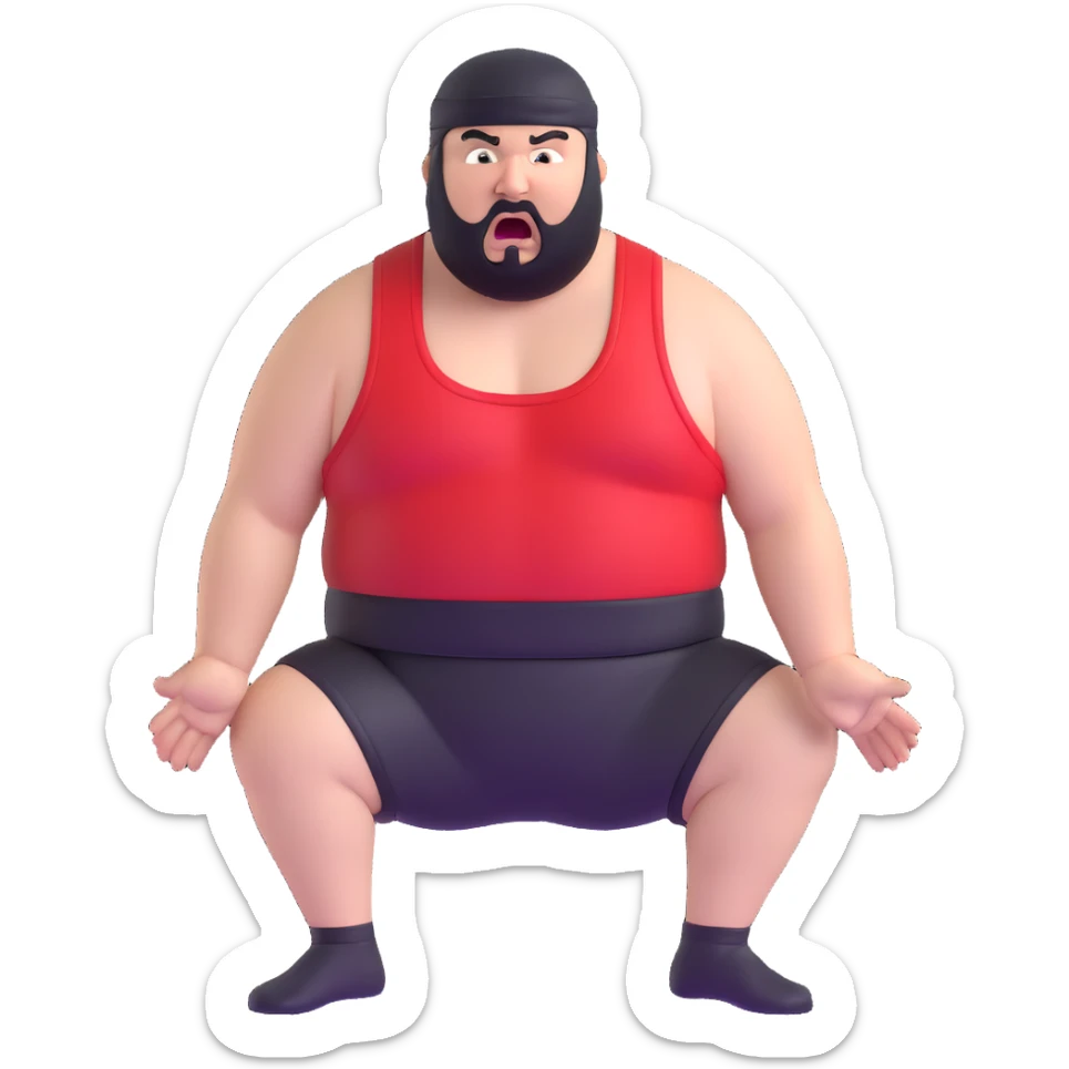 Extreme close-up of face of morbidly obese white skin guy with young face, prominent BLACK DURAG tied clearly on head, black beard but no mustache, clean shaven upper lip, black eyes in a red and black wrestling singlet with mouth wide open screaming angrily sticker