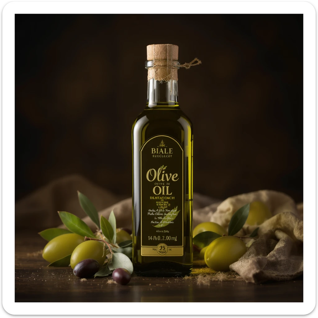 realistic olive oil bottle, high detail, professional photography style sticker