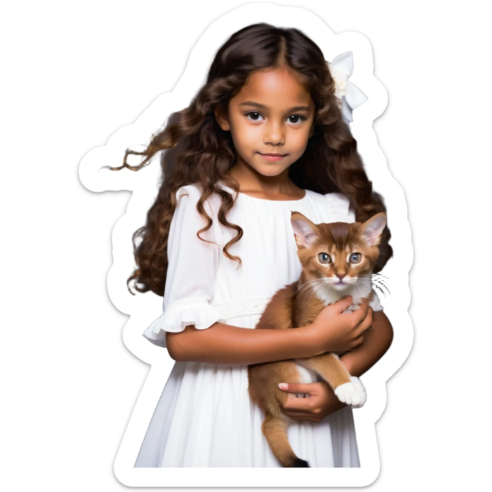 beautiful girl with curly long brown hair wearing a white dress holding an Abyssinian cat with reddish-brown fur in her arms sticker