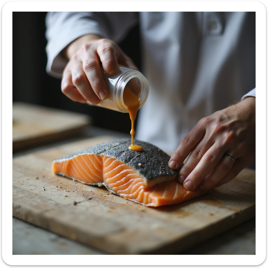 realistic 4K photo of a man adding artificial colorants to a gray salmon fillet to make it orange, kitchen or food lab environment sticker